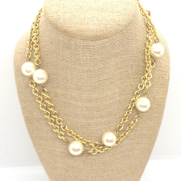 VINTAGE 90S CAROLEE FAUX PEARLS STATION NECKLACE GOLD TONE CHAIN MOBWIFE CLASSIC - Picture 3 of 13